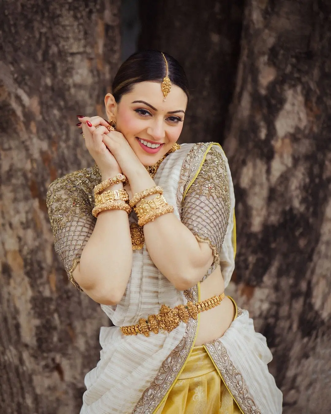 Hansika Motwani Wearing Beautiful Earrings Jewellery Yellow lehenga Choli